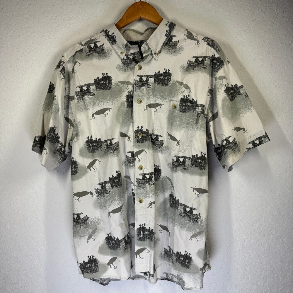 Men's Woolrich‎ Cream, Green and Black Fishing Lure Motif Button Down Size Large